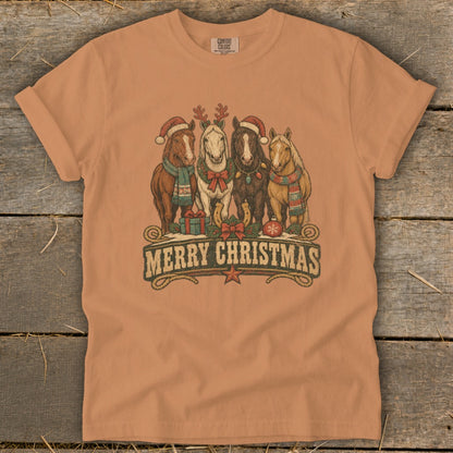 Four horses wearing Santa hats and scarves, with "Merry Christmas" text.