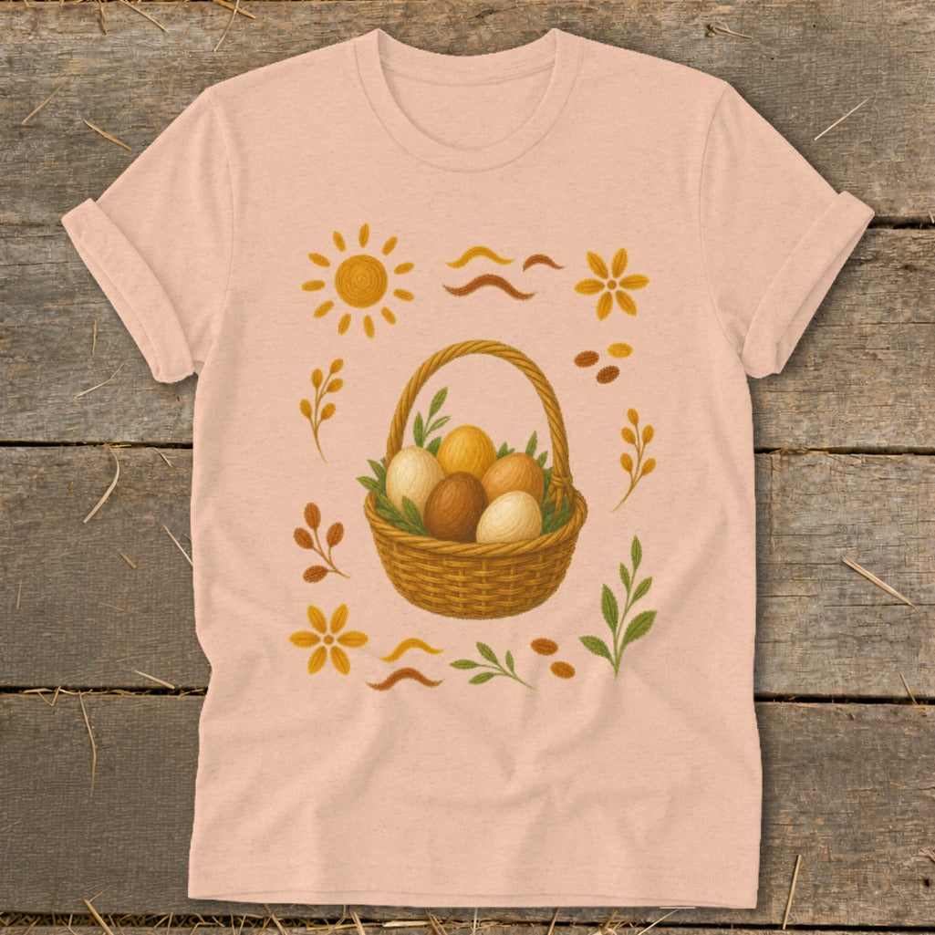 T-shirt with a woven basket of colorful eggs surrounded by flowers and sun motifs.