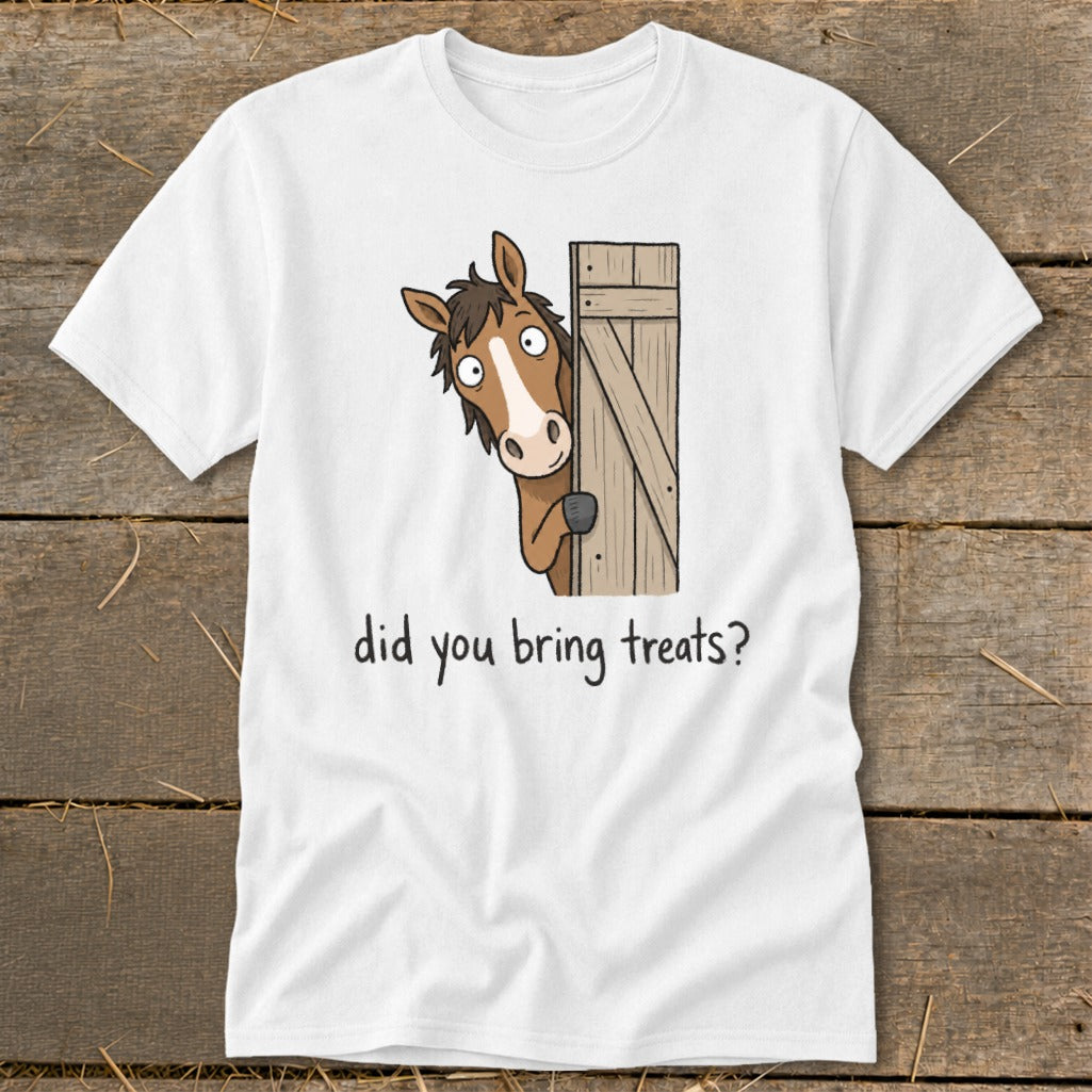 White t-shirt with cartoon horse peeking from behind wooden gate, text "did you bring treats?".
