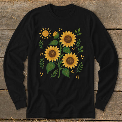 Black long sleeve shirt with a graphic of sunflowers and a sun.