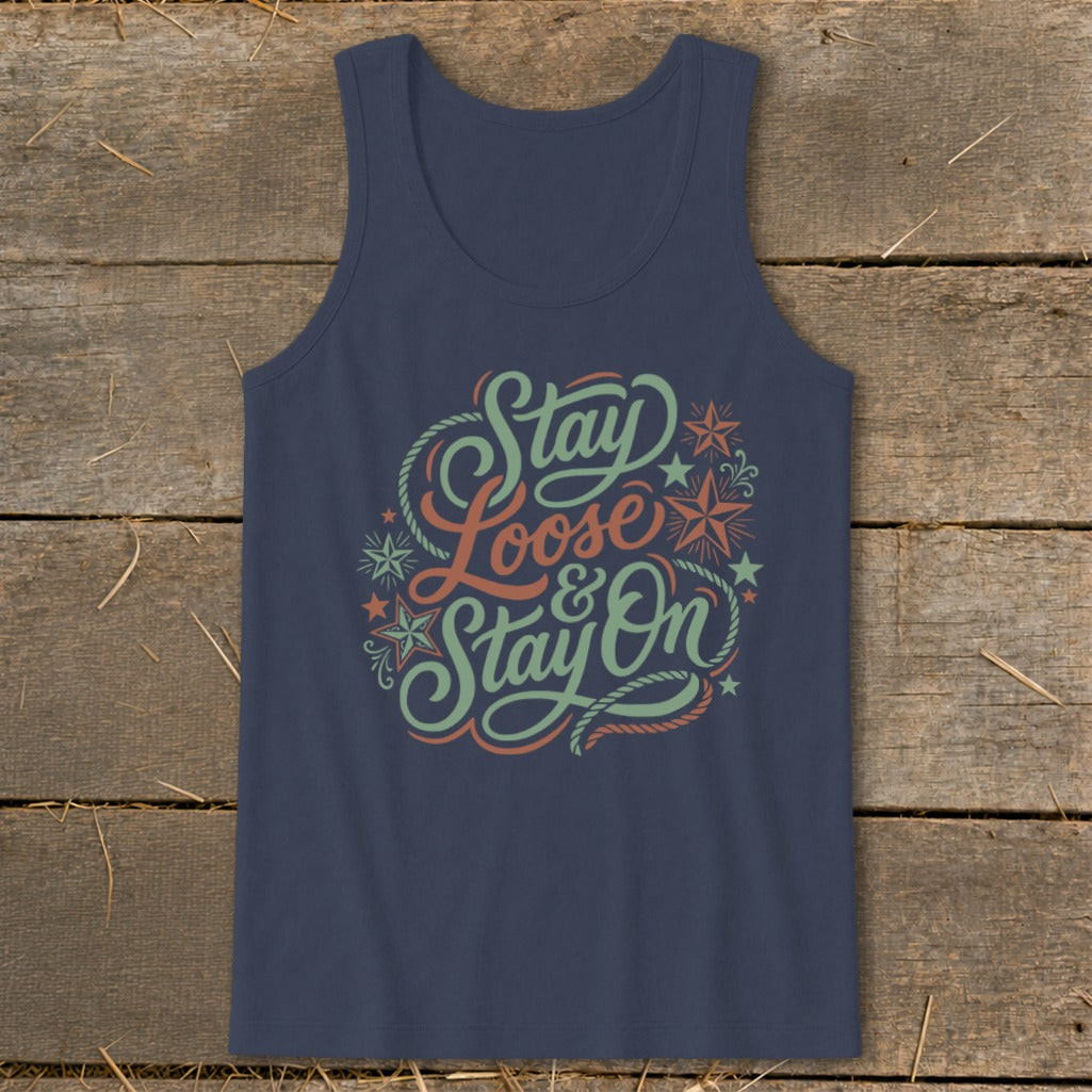 Navy tank top with "Stay Loose & Stay On" text and rope and star graphics.