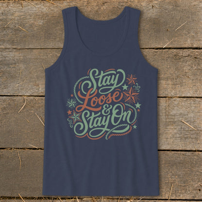 Navy tank top with "Stay Loose & Stay On" text and rope and star graphics.