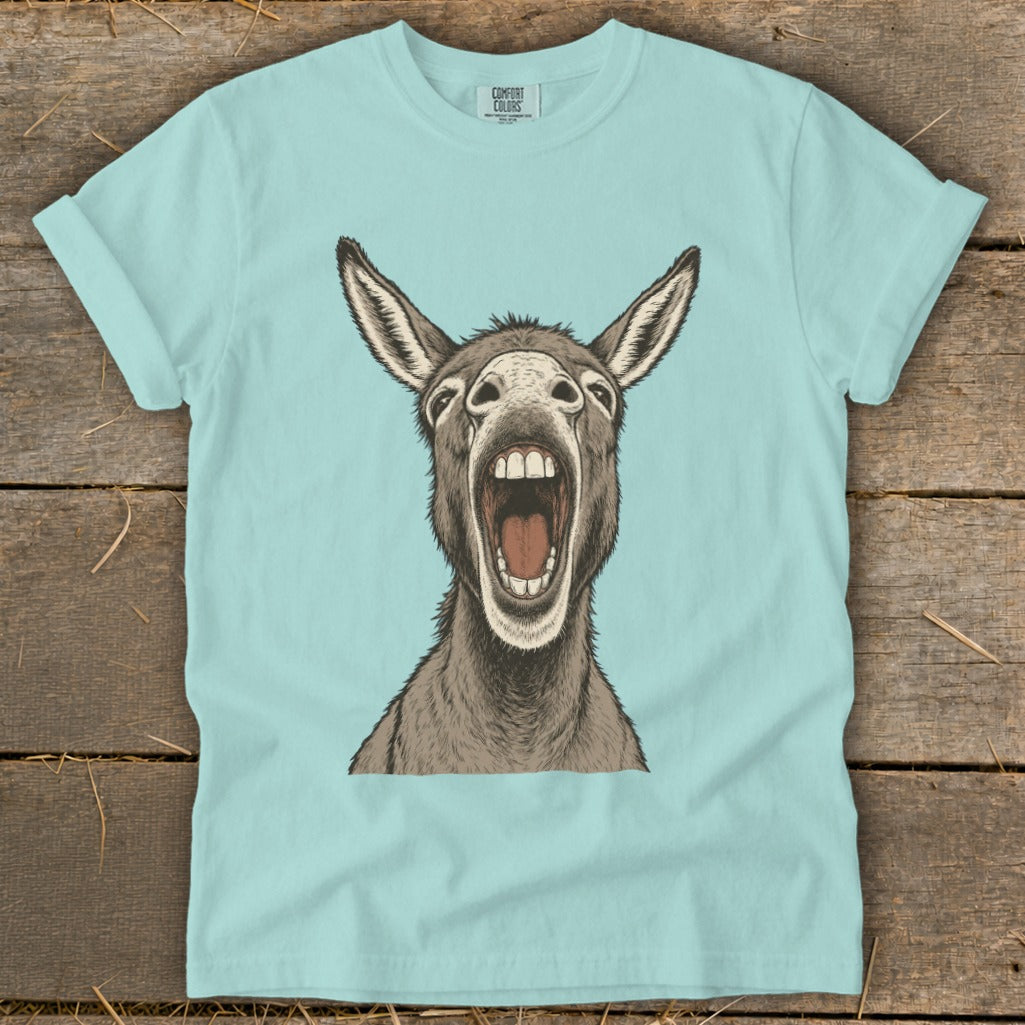 Light blue t-shirt featuring a detailed illustration of a donkey with its mouth wide open.