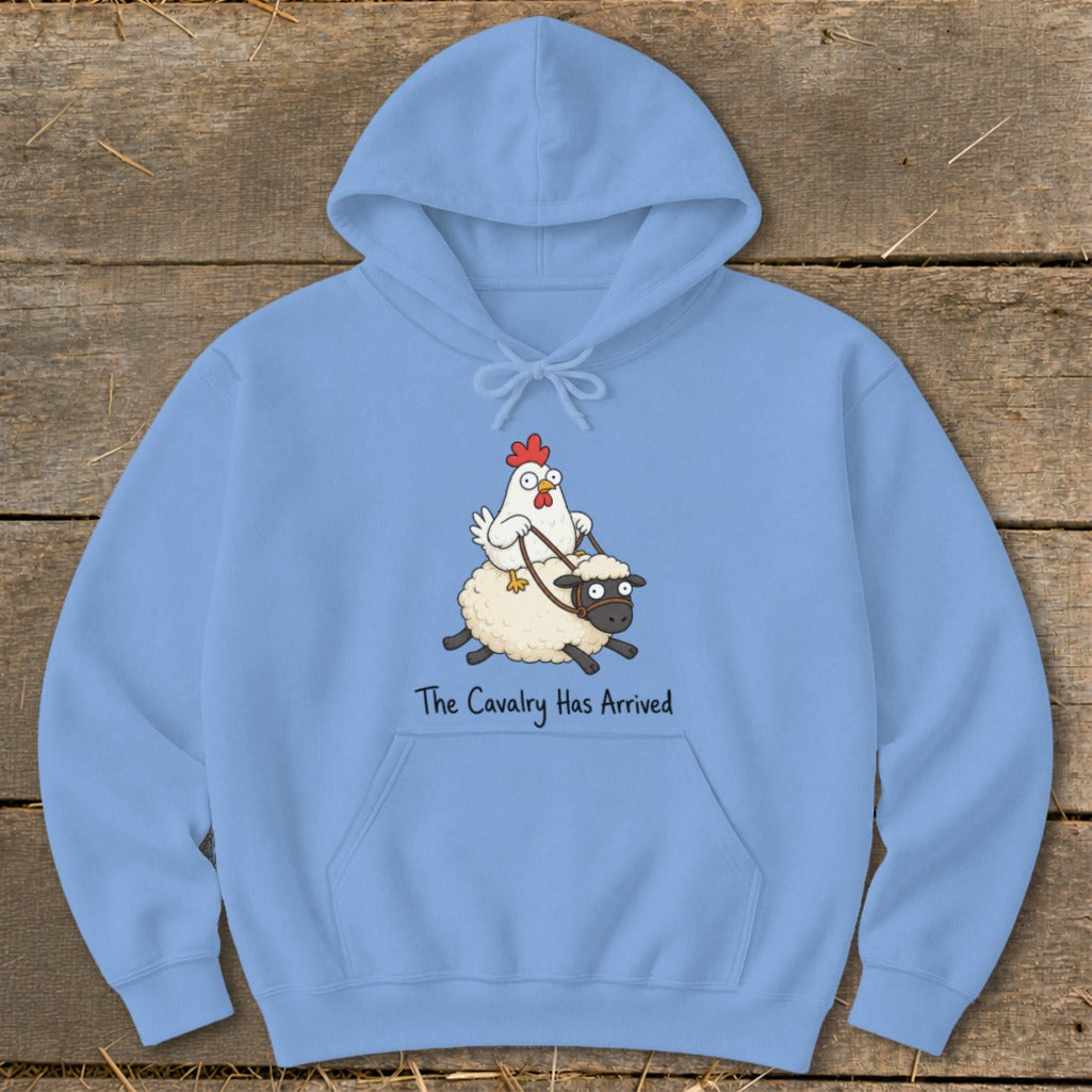 Light blue hoodie with cartoon chicken riding a sheep, text "The Cavalry Has Arrived".