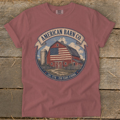 American Barn Co. logo with a barn, silo, and flag on a distressed shirt.