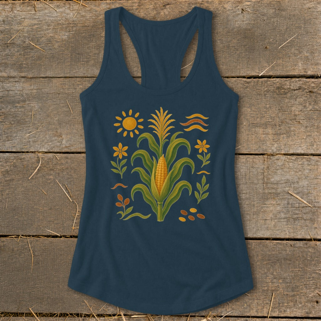 Navy racerback tank top with a corn illustration and surrounding floral and sun motifs.