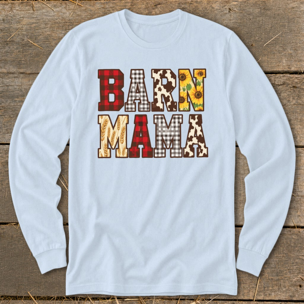 Light blue long sleeve shirt with "BARN MAMA" text in various farm-themed patterns.