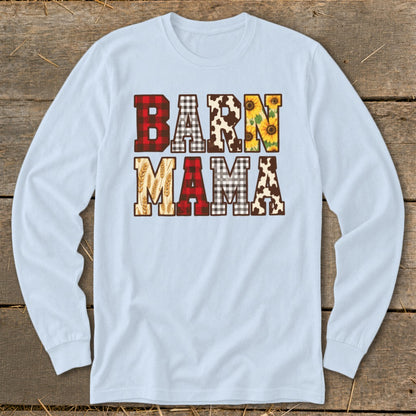 Light blue long sleeve shirt with "BARN MAMA" text in various farm-themed patterns.