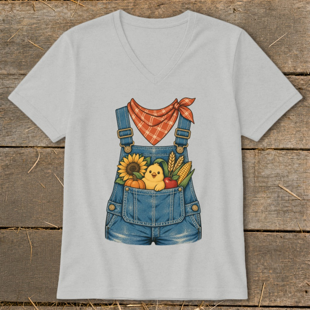 Light gray v-neck t-shirt with a denim overall graphic featuring a chick and autumn harvest.