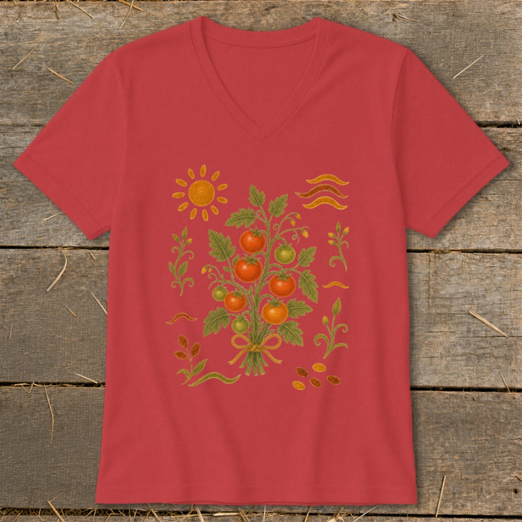 Red v-neck t-shirt with a tomato plant and sun graphic.