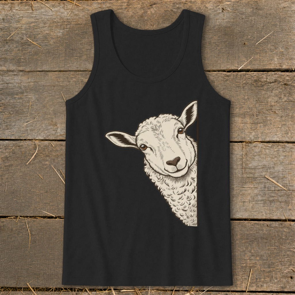 Black tank top with a peeking sheep illustration on the left side.