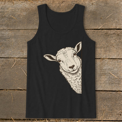 Black tank top with a peeking sheep illustration on the left side.