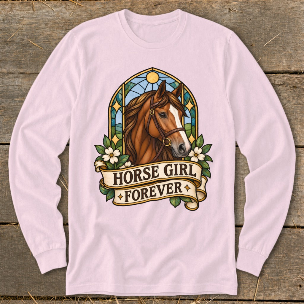 Horse head in stained glass with banner reading "HORSE GIRL FOREVER".