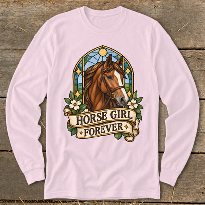 Horse head in stained glass with banner reading "HORSE GIRL FOREVER".