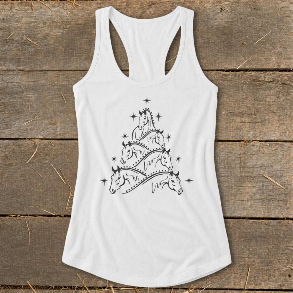 White racerback tank top with a Christmas tree design made of horse heads and stars.