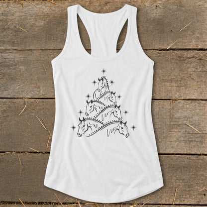 White racerback tank top with a Christmas tree design made of horse heads and stars.