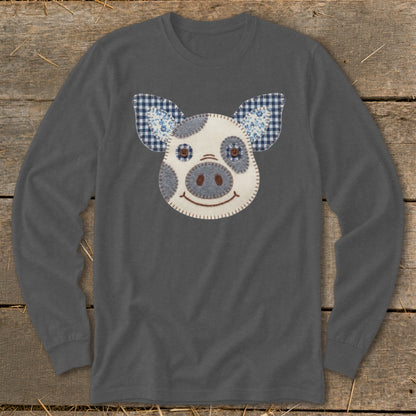 Long sleeve gray shirt with a stitched pig face applique.