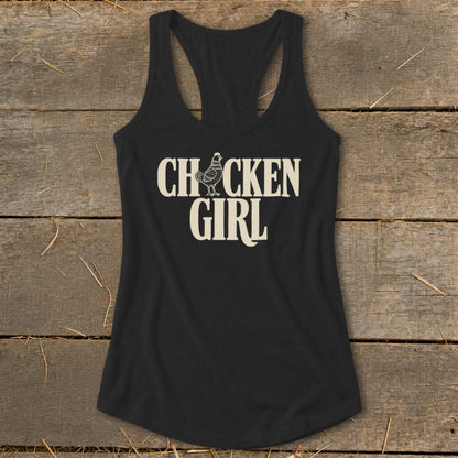 Black racerback tank top with "CHICKEN GIRL" and a chicken graphic.