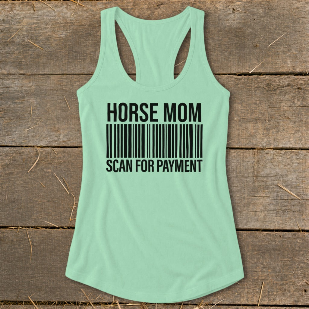 Light green racerback tank top with "HORSE MOM" and barcode graphic.