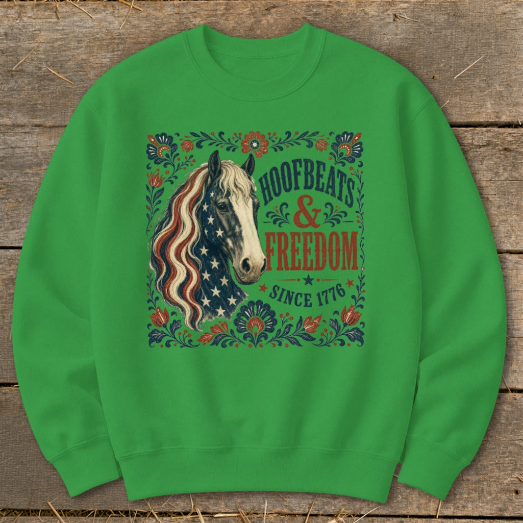 Green sweatshirt with patriotic horse graphic and "Hoofbeats & Freedom Since 1776" text.