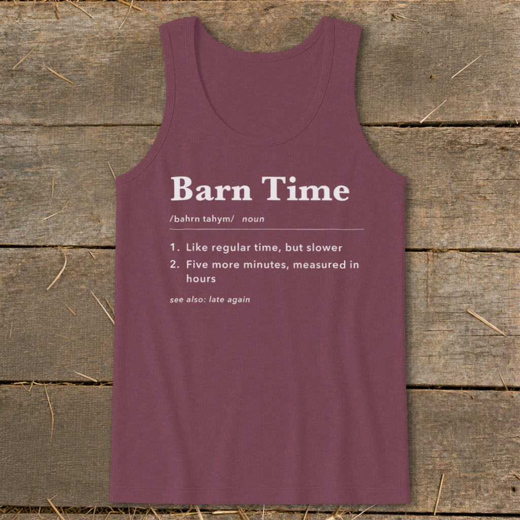 Maroon tank top with "Barn Time" dictionary definition.