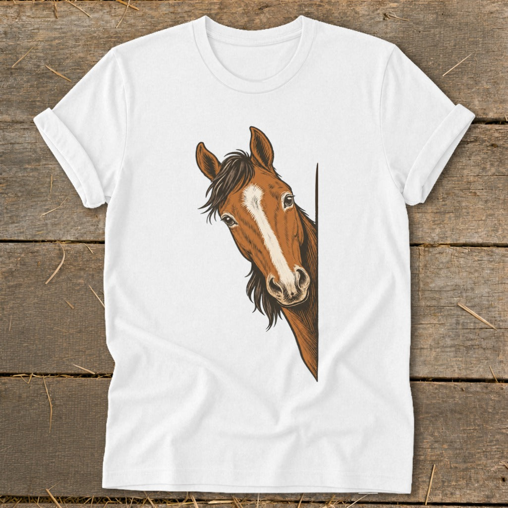 White t-shirt with a brown horse peeking from the side.