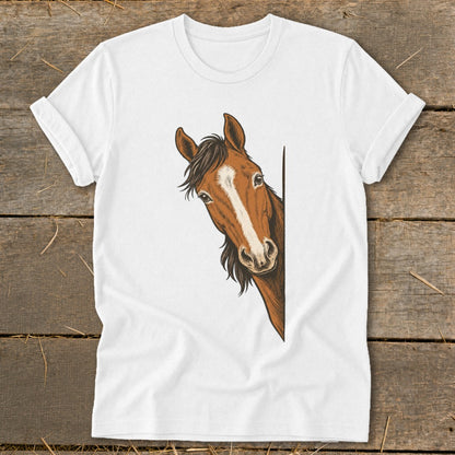 White t-shirt with a brown horse peeking from the side.
