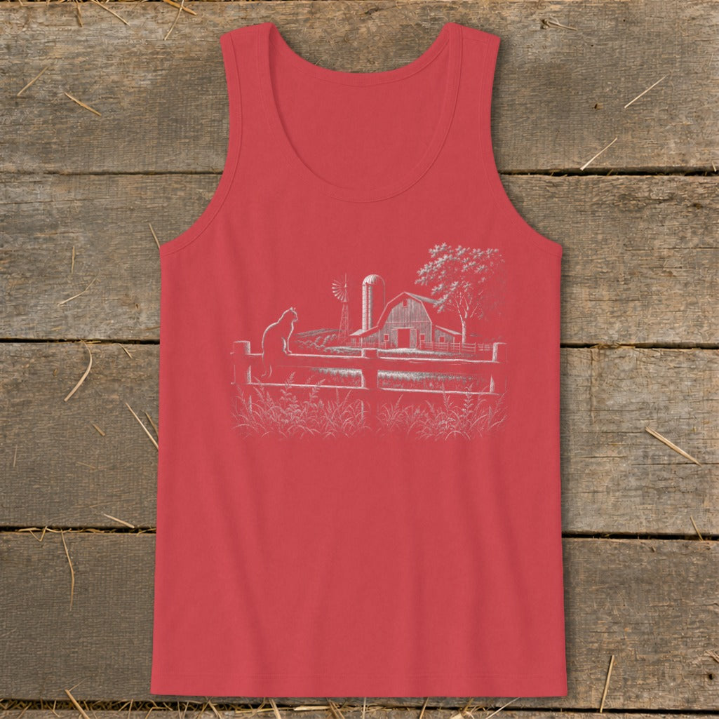 Red tank top with a white line drawing of a barn, windmill, and cat on a fence.
