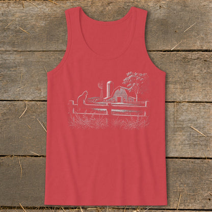 Red tank top with a white line drawing of a barn, windmill, and cat on a fence.