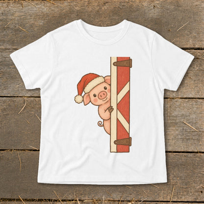 Pig wearing Santa hat peeks from behind a red barn door graphic.