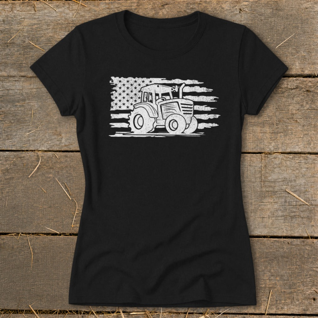 Black t-shirt with distressed American flag and white tractor graphic.
