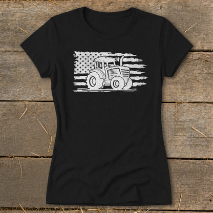 Black t-shirt with distressed American flag and white tractor graphic.