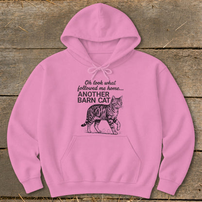 Pink hoodie with text and illustration of a tabby cat.