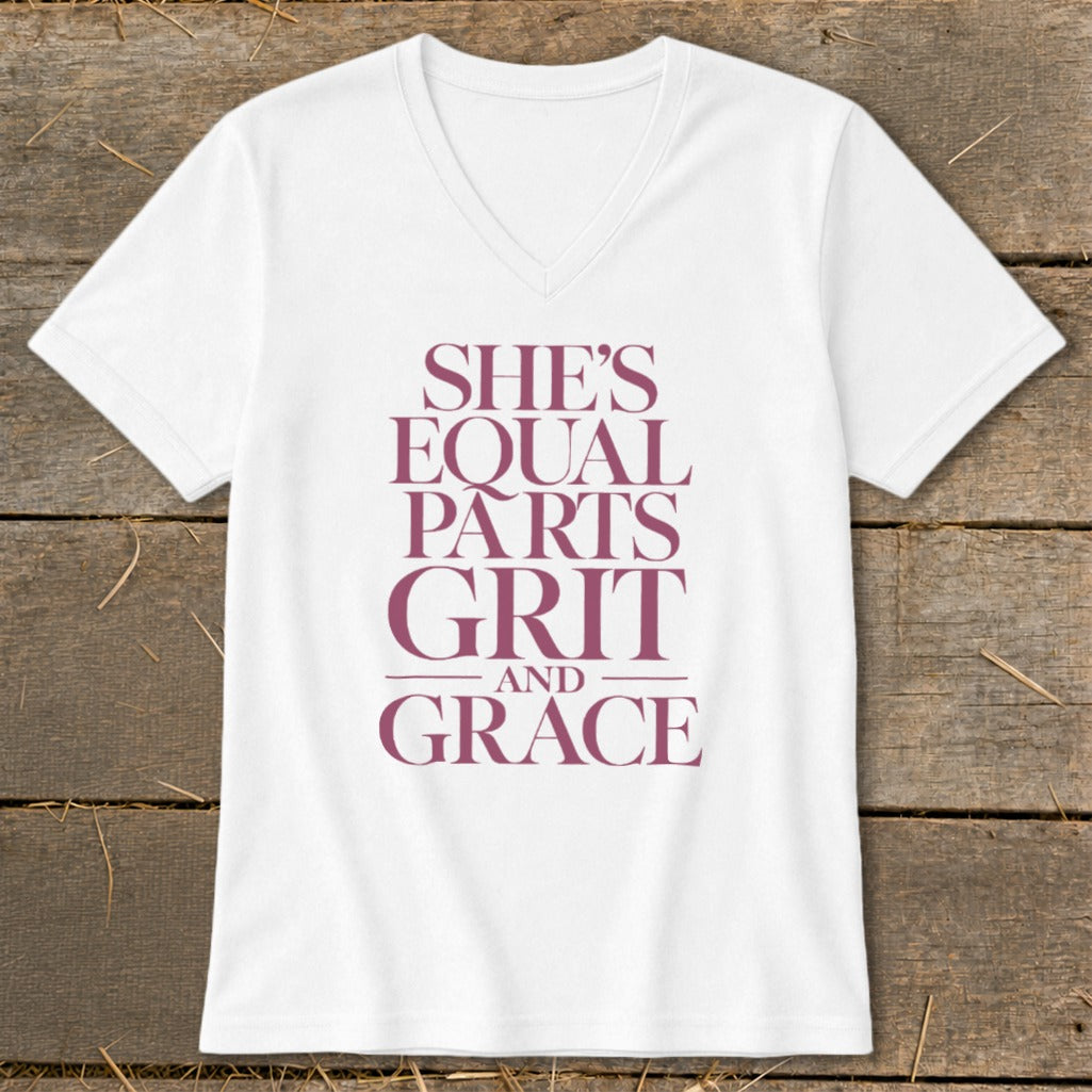 White v-neck t-shirt with "She's Equal Parts Grit and Grace" text.