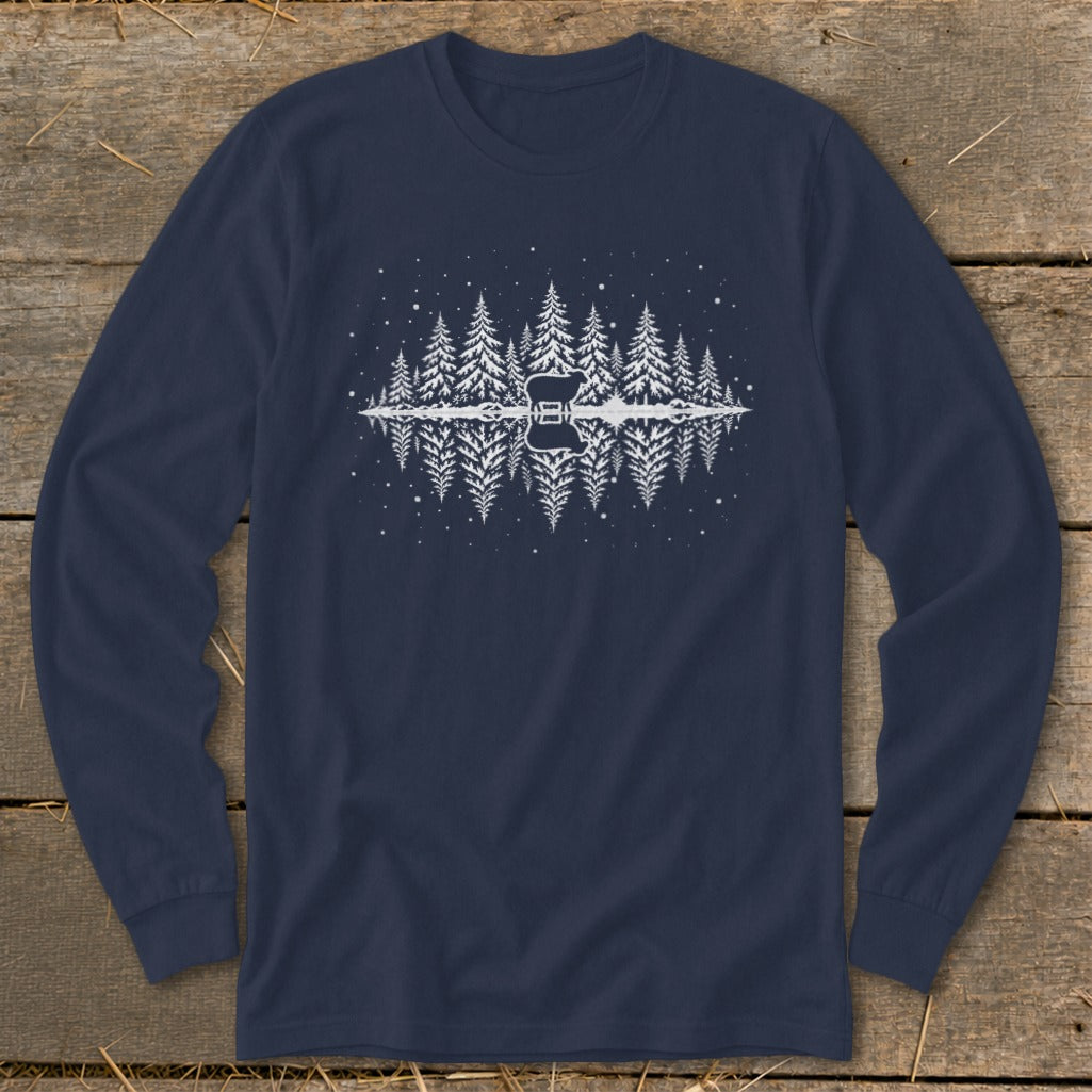 Navy long-sleeve shirt with white forest and guitar reflection graphic.