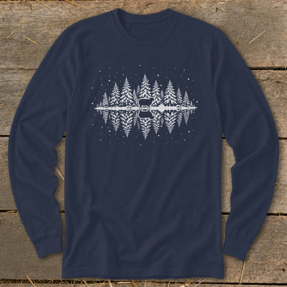 Navy long-sleeve shirt with white forest and guitar reflection graphic.
