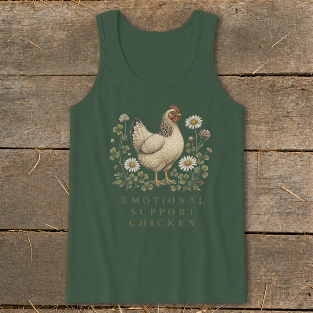 Green tank top with a chicken illustration surrounded by clovers and daisies and text.