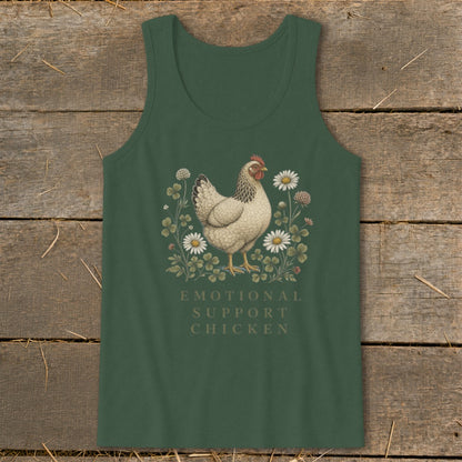 Green tank top with a chicken illustration surrounded by clovers and daisies and text.