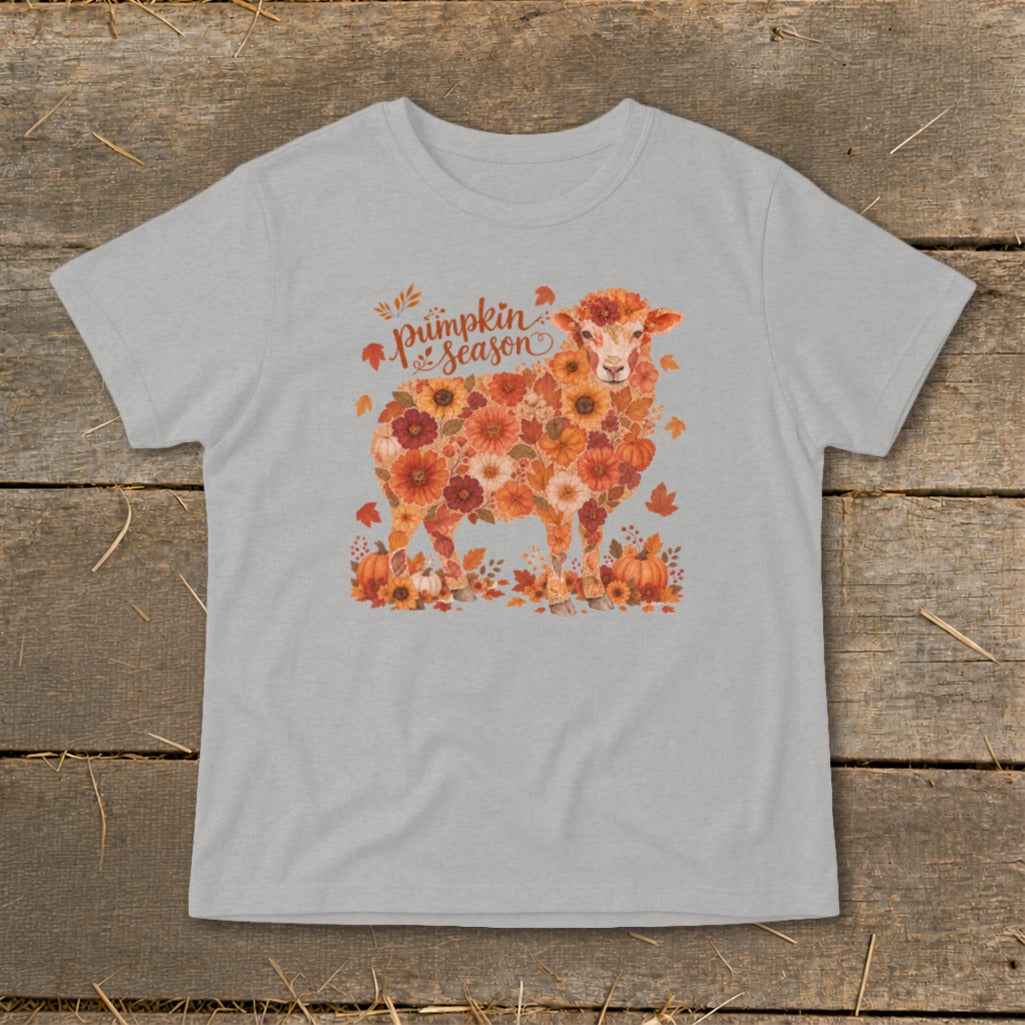 Grey t-shirt with a floral sheep design and "pumpkin season" text.