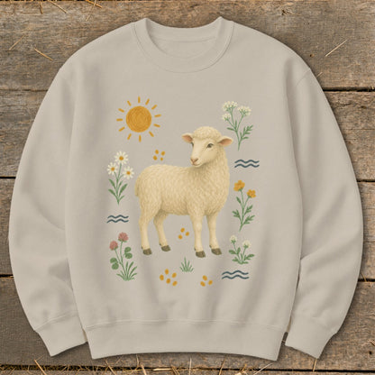 Light beige sweatshirt with a cream sheep surrounded by flowers and a sun graphic.