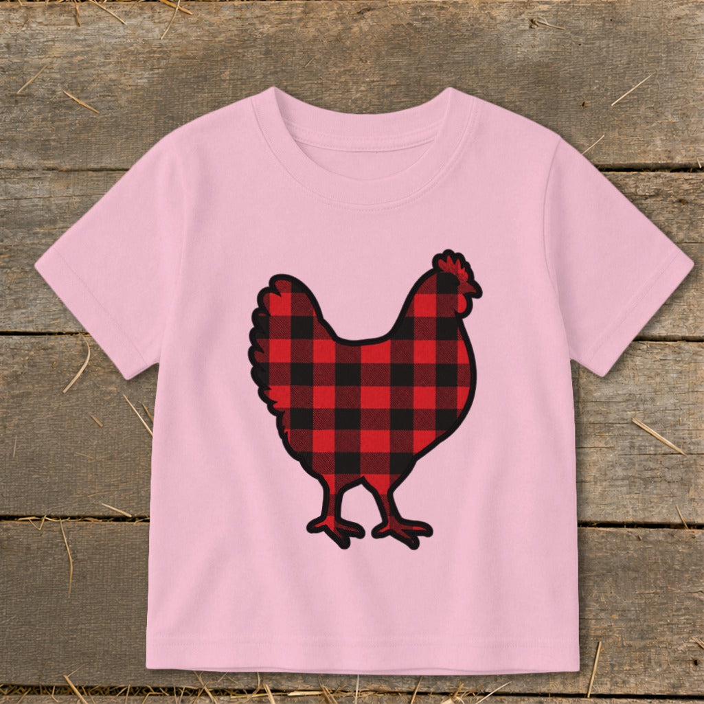 Pink t-shirt with a black and red buffalo plaid chicken graphic.