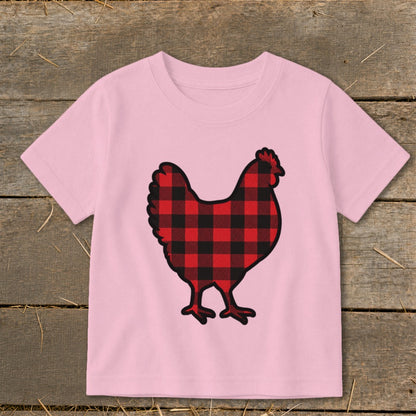 Pink t-shirt with a black and red buffalo plaid chicken graphic.