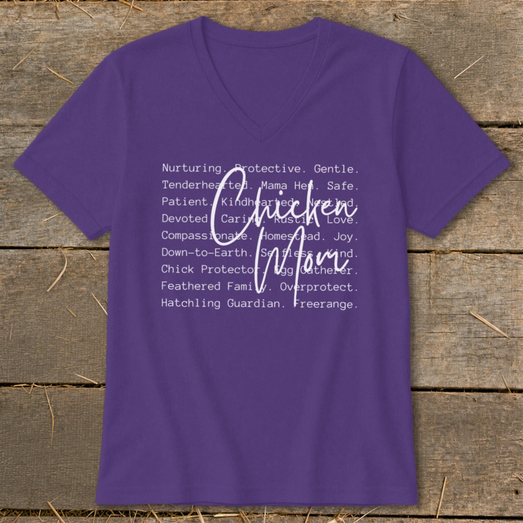 Purple t-shirt with "Chicken Mom" text in white, surrounded by descriptive words.