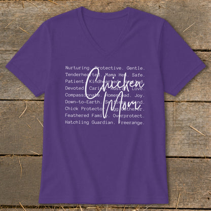 Purple t-shirt with "Chicken Mom" text in white, surrounded by descriptive words.