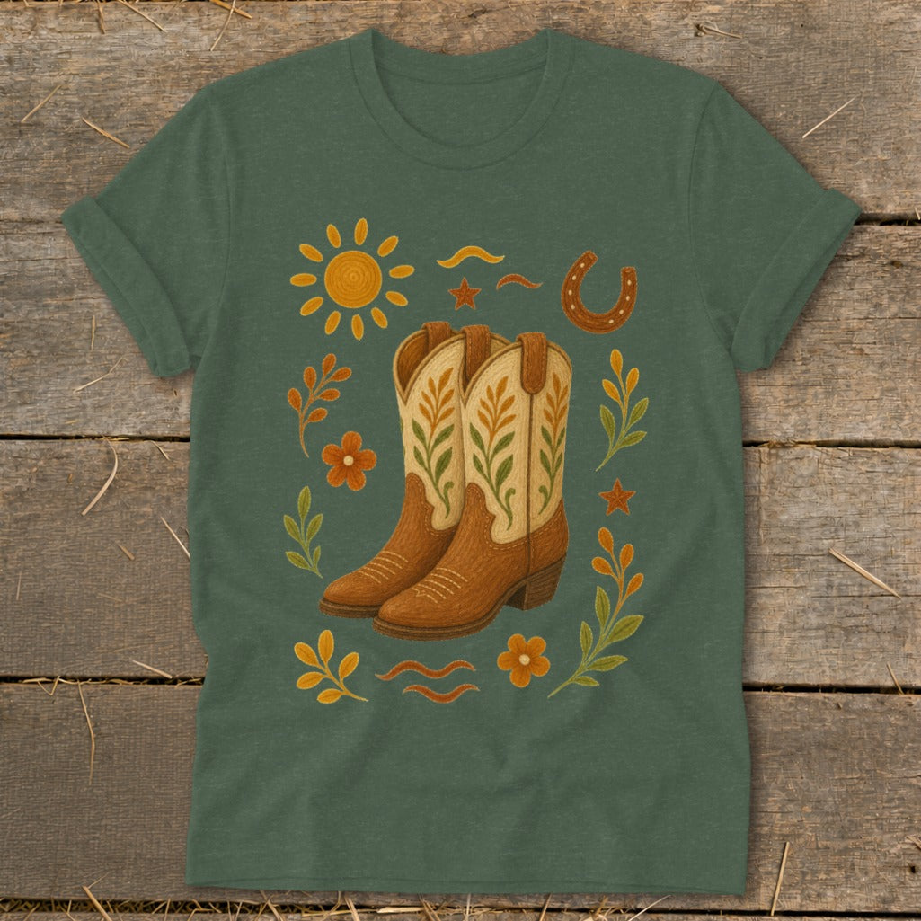 Brown cowboy boots with floral design, surrounded by sun, horseshoe, and leaves.
