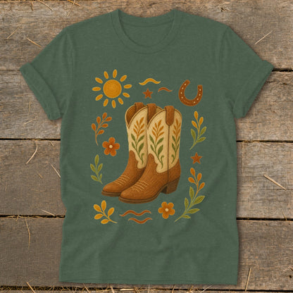 Brown cowboy boots with floral design, surrounded by sun, horseshoe, and leaves.