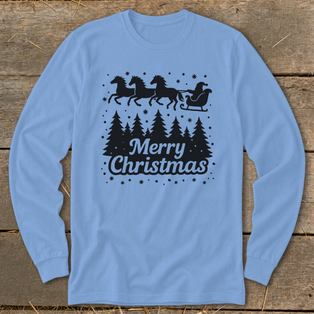 Light blue long sleeve shirt with black Christmas trees, Santa in sleigh, and "Merry Christmas" text.