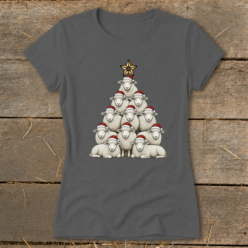 Christmas tree made of sheep wearing Santa hats with a star on top.