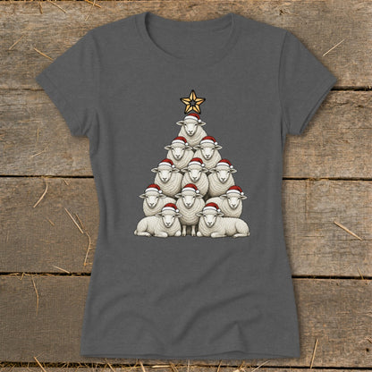 Christmas tree made of sheep wearing Santa hats with a star on top.