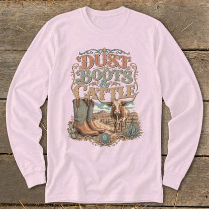 Long-sleeve t-shirt with "Dust, Boots & Cattle" graphic featuring cowboy boots, longhorn, and desert landscape.